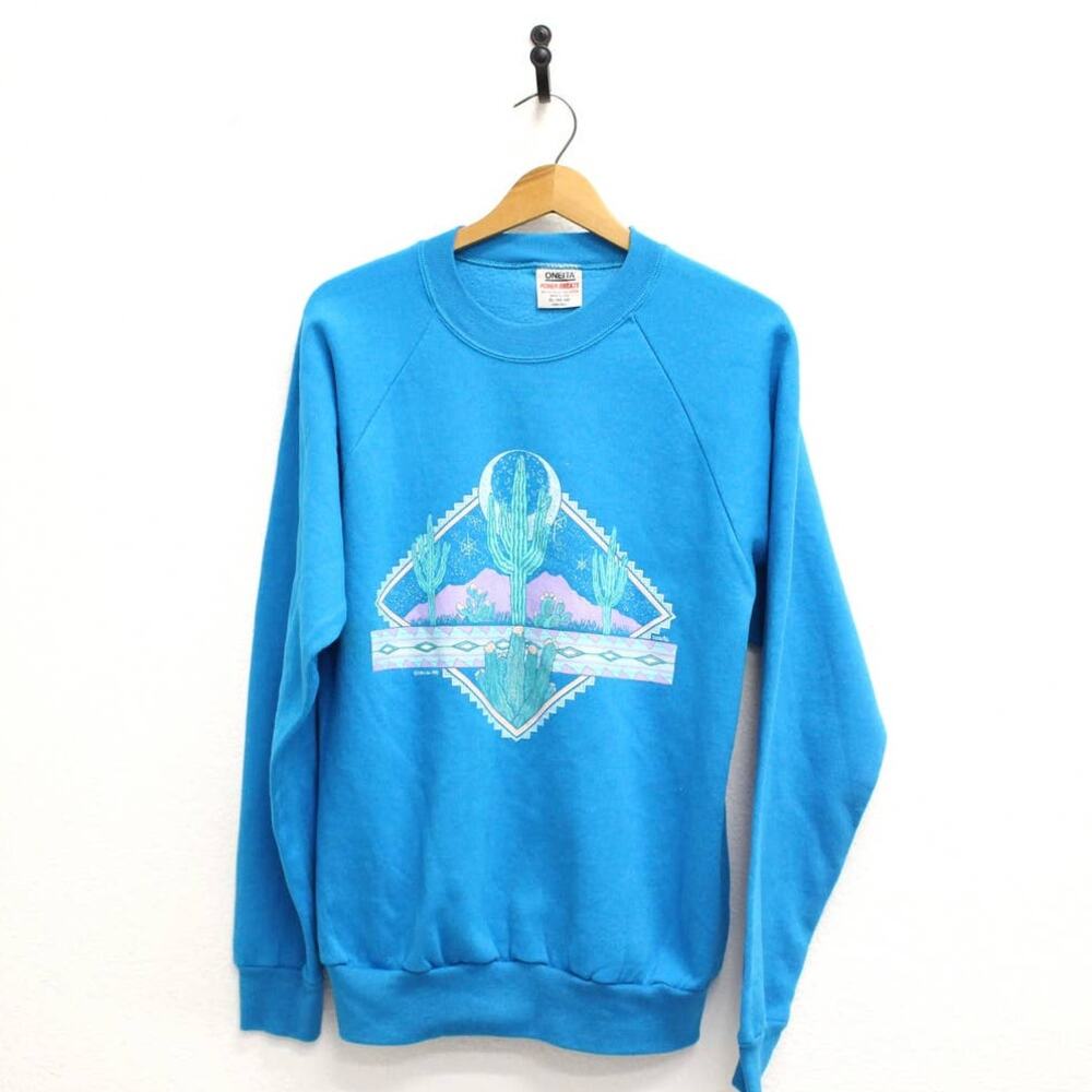 Vintage Turquoise Blue Southwestern Cactus Sweatshirt